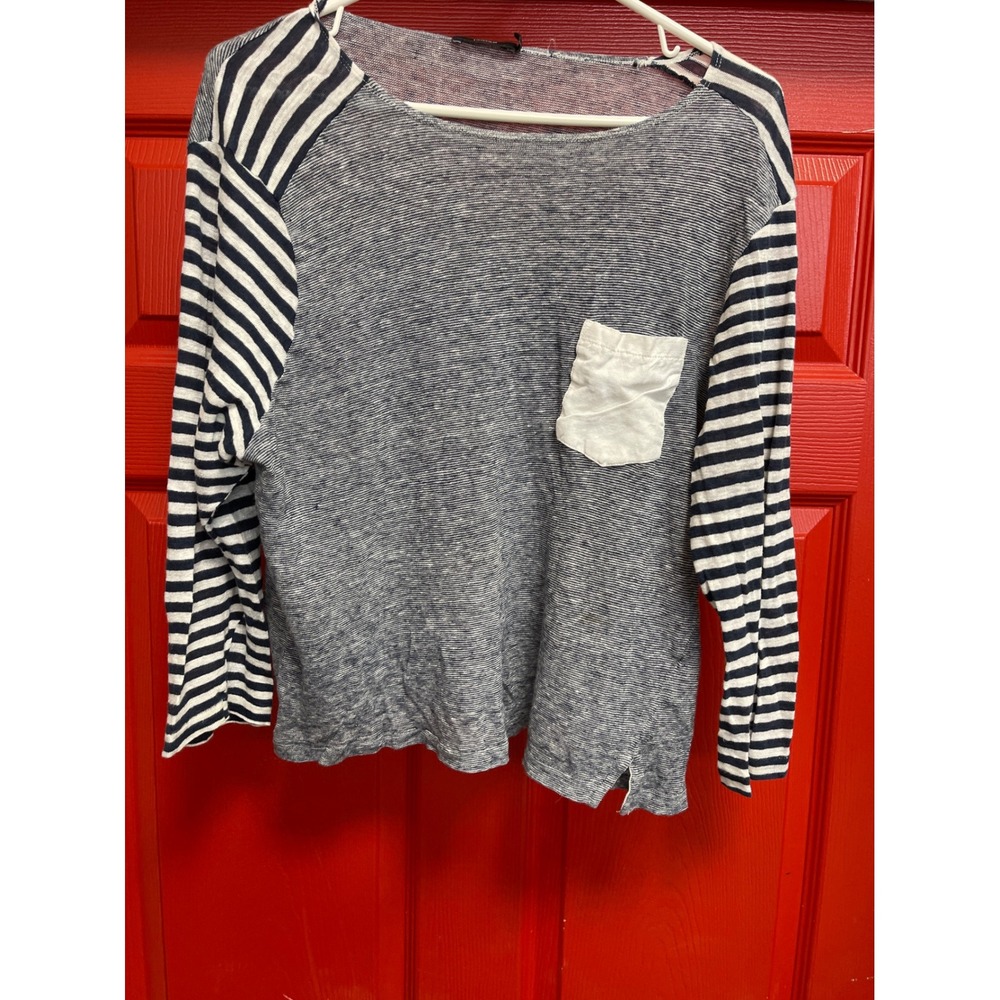 Bassike Womens Mixed Stripe Long Sleeve Top Navy White Pocket Made in Australia
